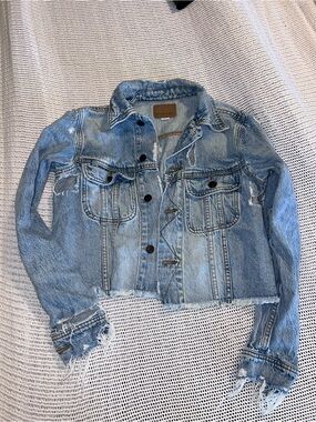 American Eagle Light Blue Distressed Cropped Denim Jacket - Women